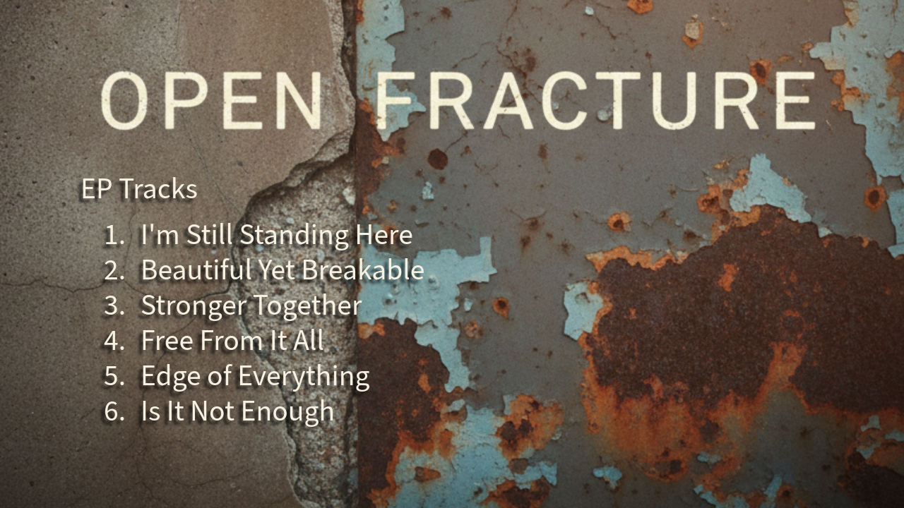 Open Fracture band artwork with EP tracklist over a cracked, rusted wall texture