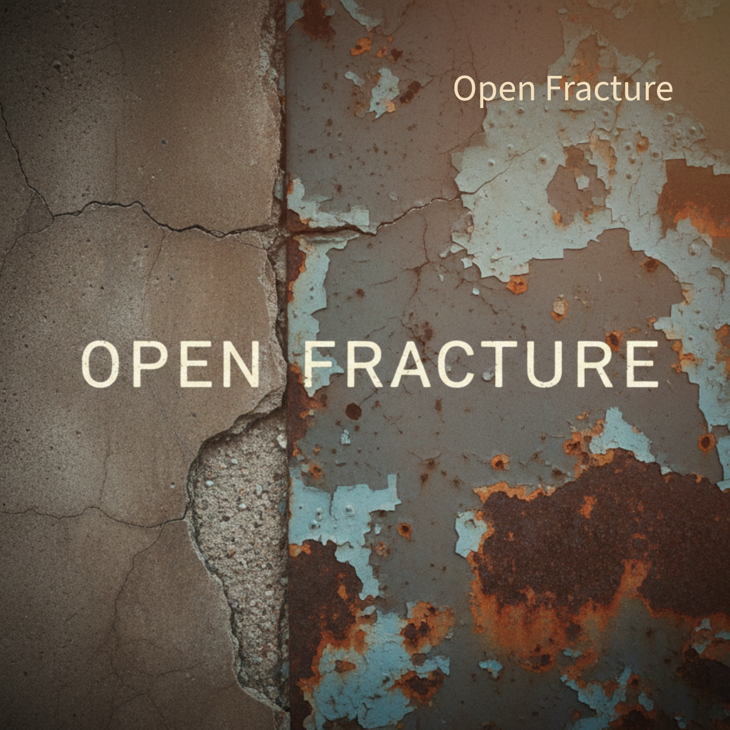 Open Fracture EP cover art — a cracked concrete wall giving way to weathered, rusted metal